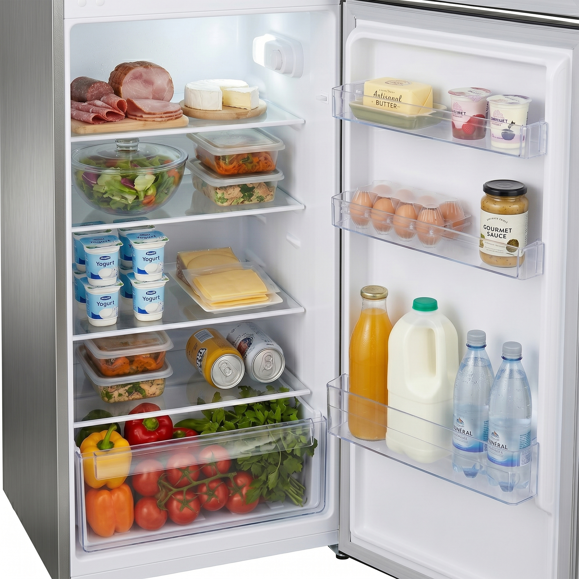 Full refrigerator with meat, cheese, yogurt, eggs, vegetables, and drinks.