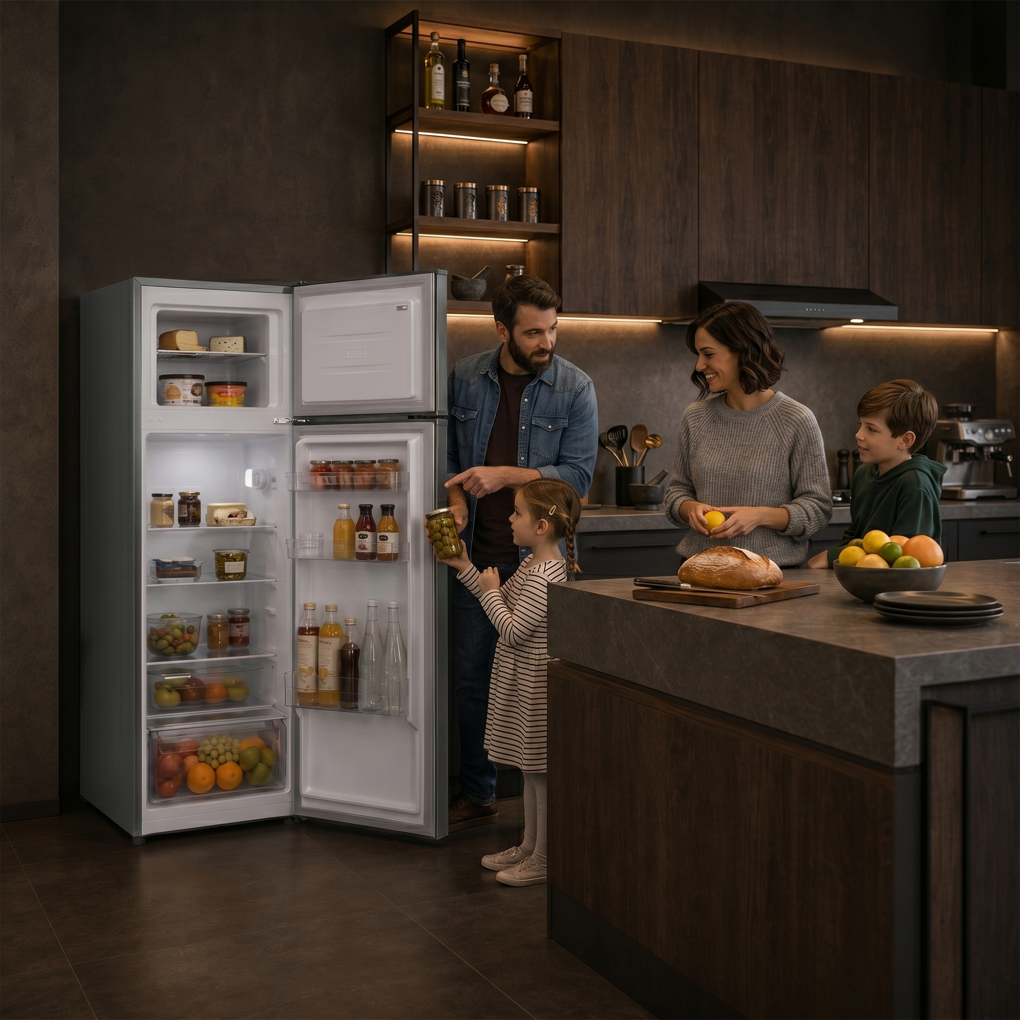 Family in kitchen by open fridge with food. A child holds a jar of pickles.