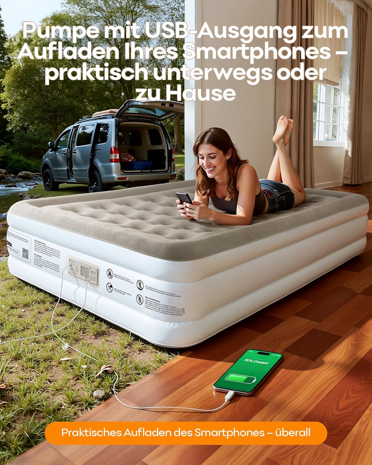 Aufblasbare Matratze mit USB-Anschluss, lädt Smartphone. Frau liegt drauf.