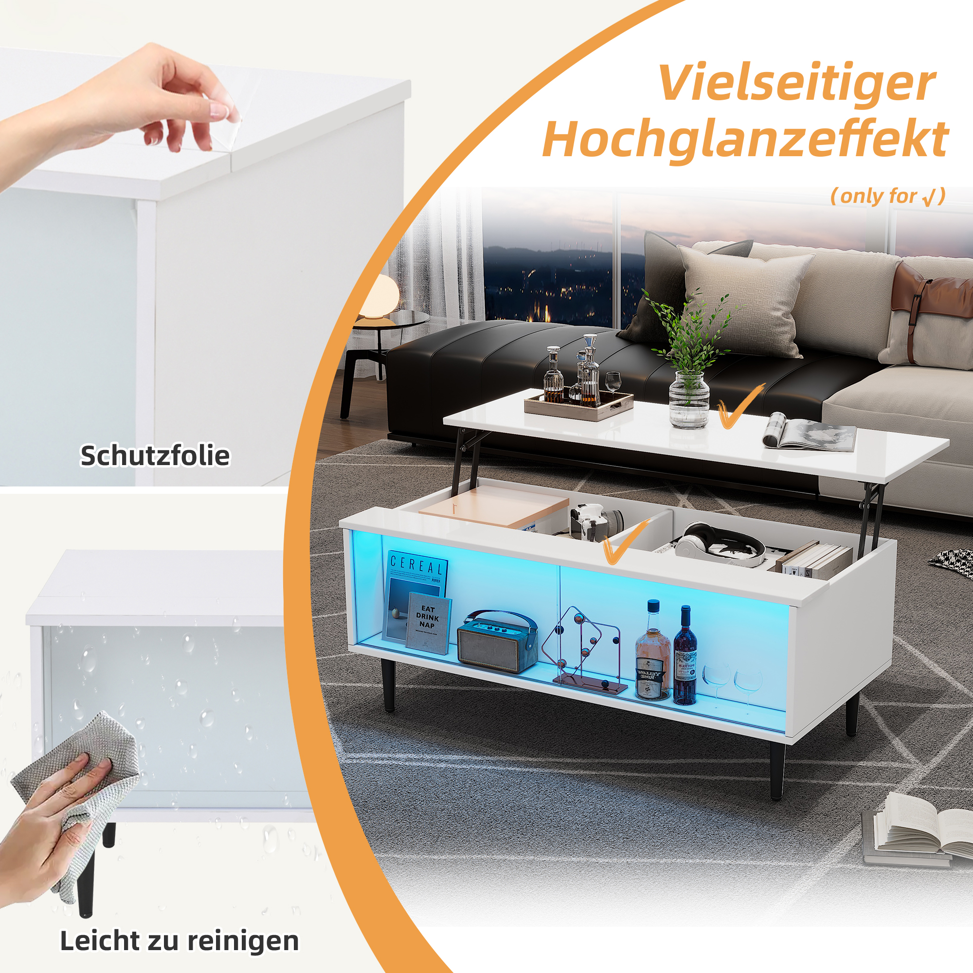 Ein aufklappbarer weißer Couchtisch mit LEDs, daneben ein Sofa und ein Fenster mit Stadtblick.