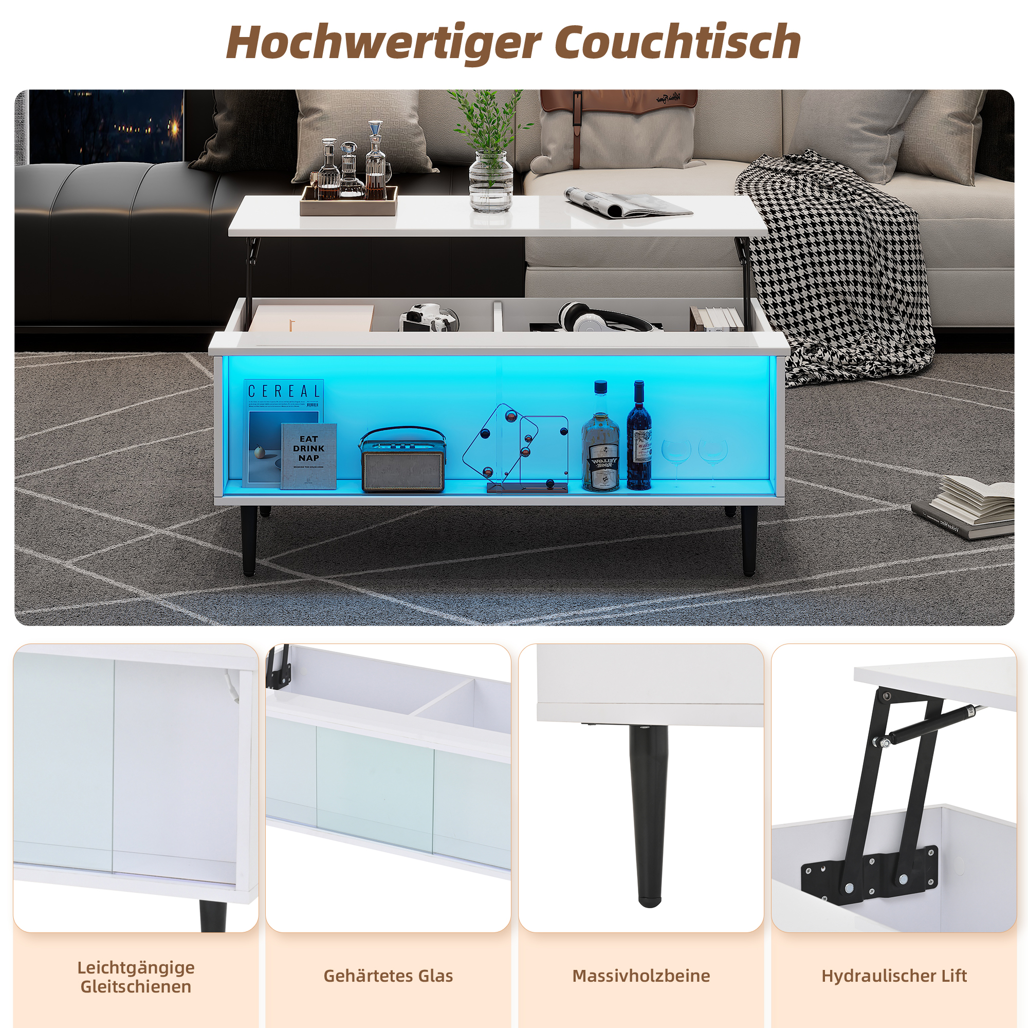 Ein moderner weißer Couchtisch mit ausklappbarer Platte und blauer LED-Beleuchtung im Inneren.
