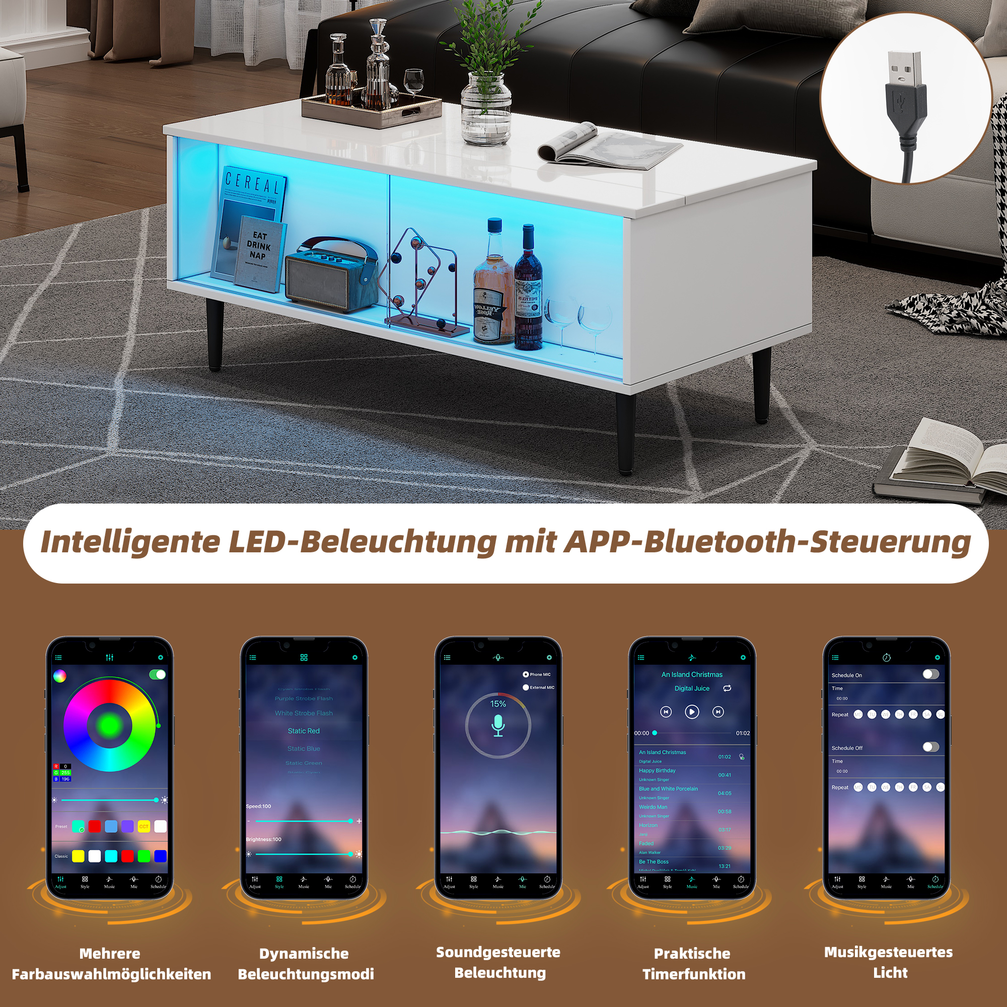 Modernes Wohnzimmer mit weißem Couchtisch, der von unten blau beleuchtet wird.