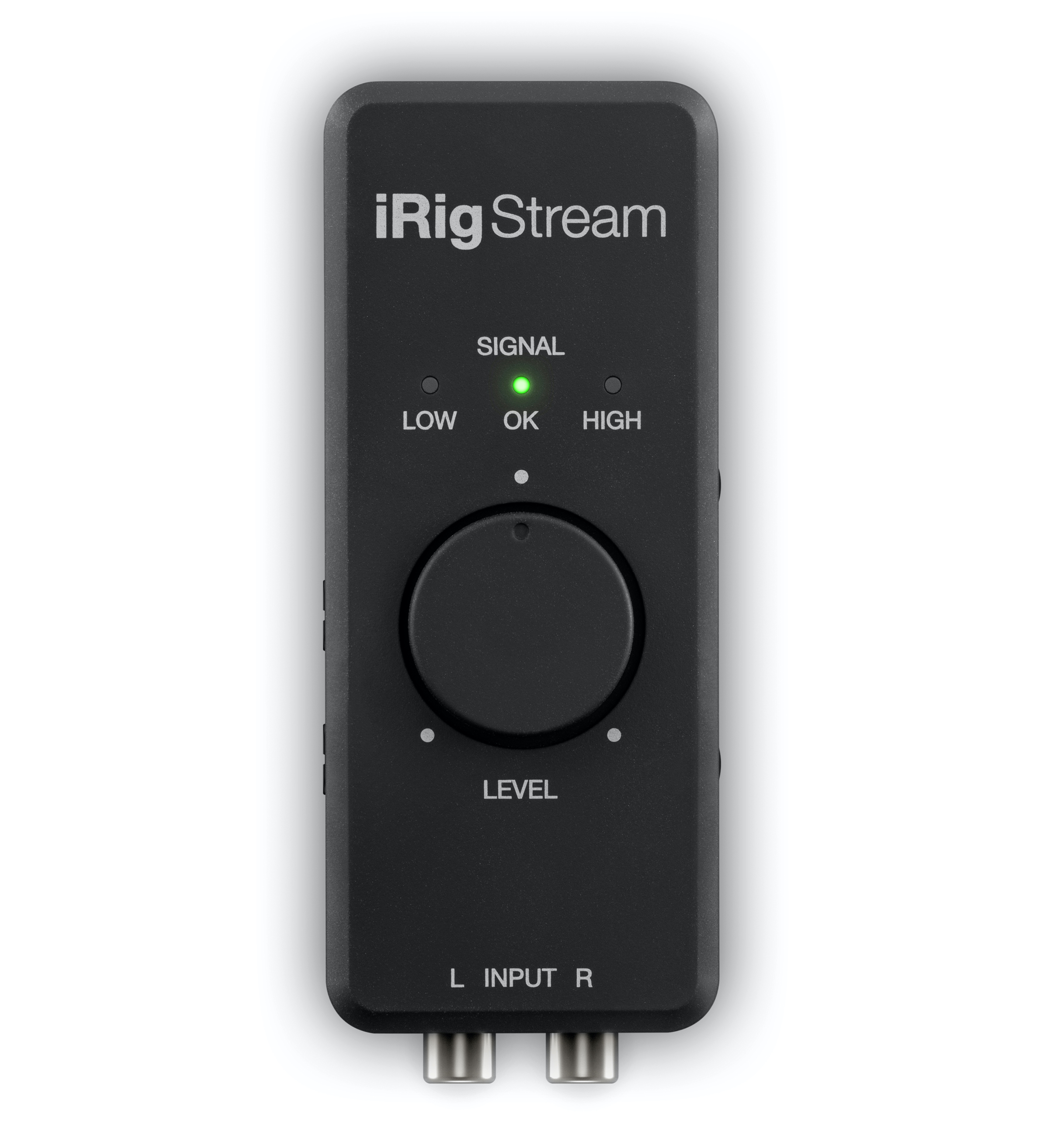 Dispositivo nero iRig Stream con luce verde Signal OK e controlli.