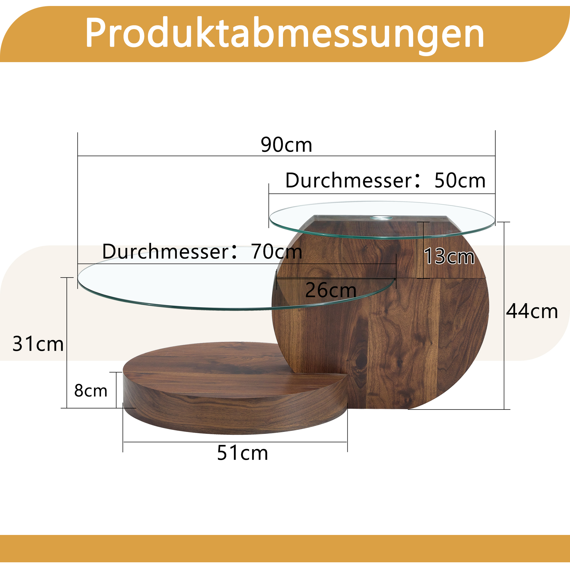 Holztisch mit Glasplatte. Maße: 90x44cm. Mehrere Durchmesser angegeben.