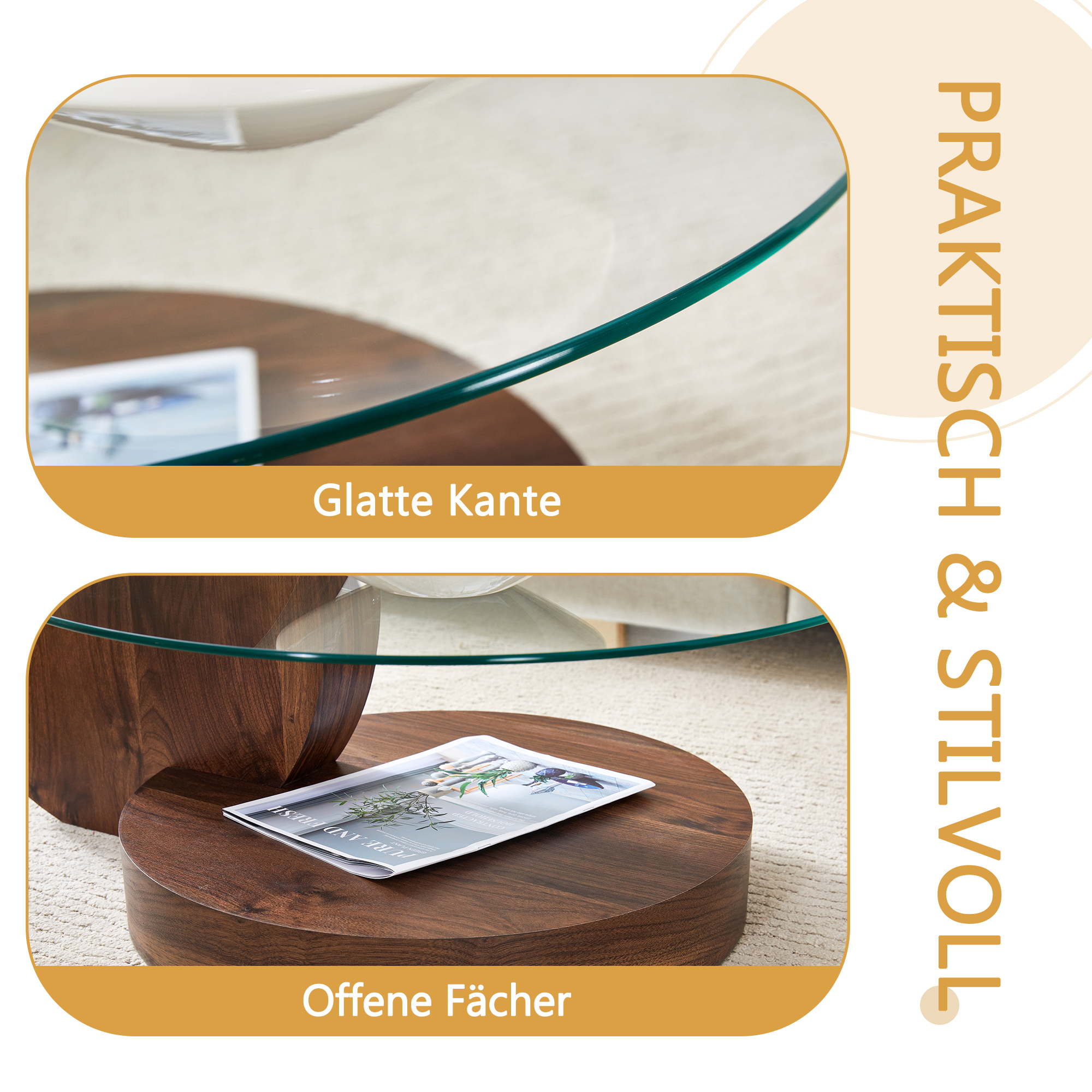 Nahaufnahme eines runden Holztischs mit Glasplatte, offene Fächer.