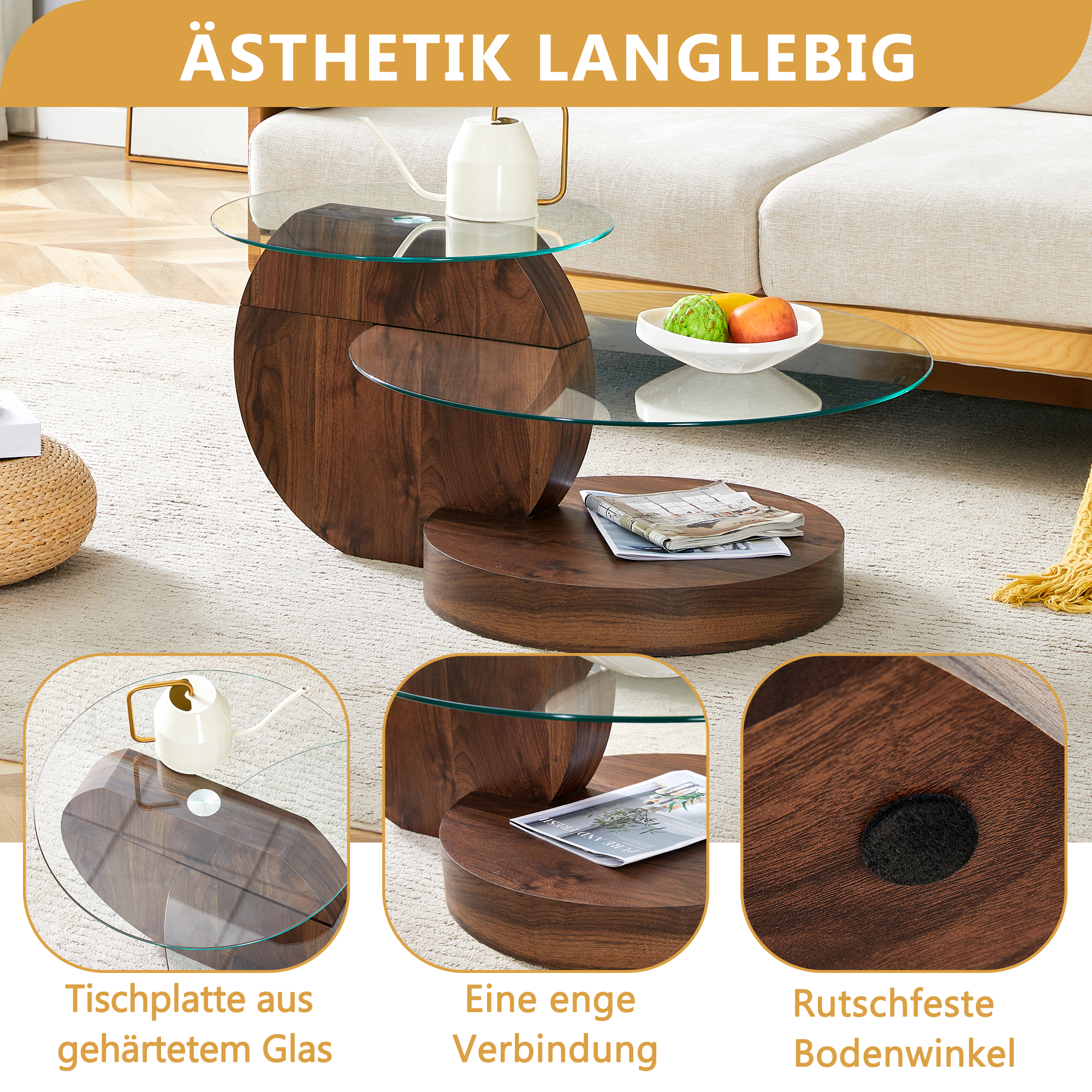 Ein runder Couchtisch aus Holz und Glas mit Obstschale und Kanne.