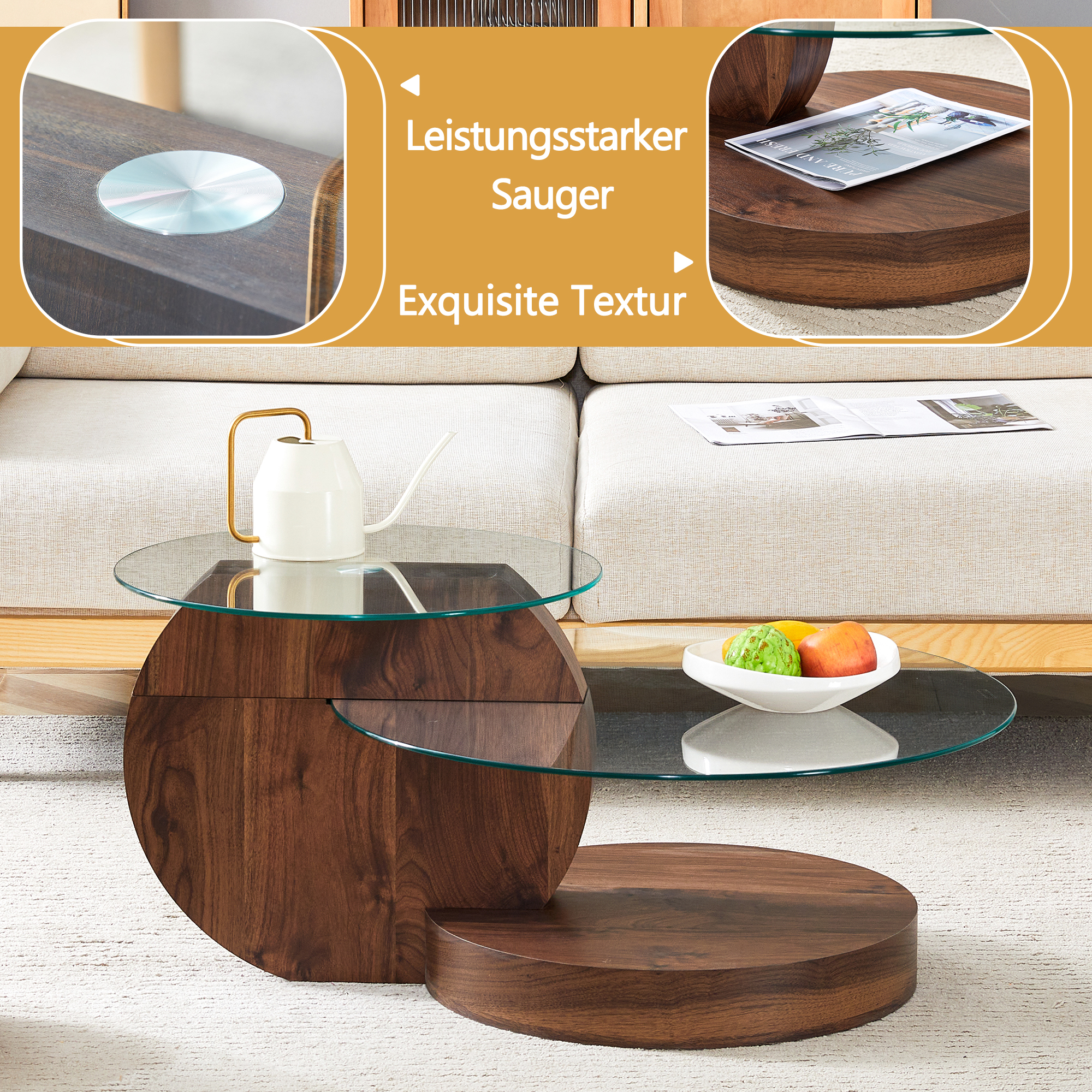 Ein runder Couchtisch aus Holz mit Glasplatten, darauf eine weiße Kanne, eine Obstschale und ein Magazin.