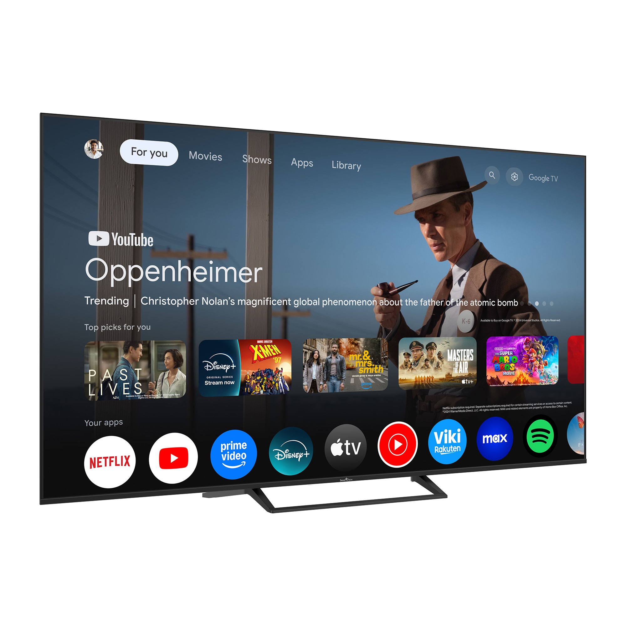 Una pantalla de TV muestra la interfaz de Google TV con películas y aplicaciones.