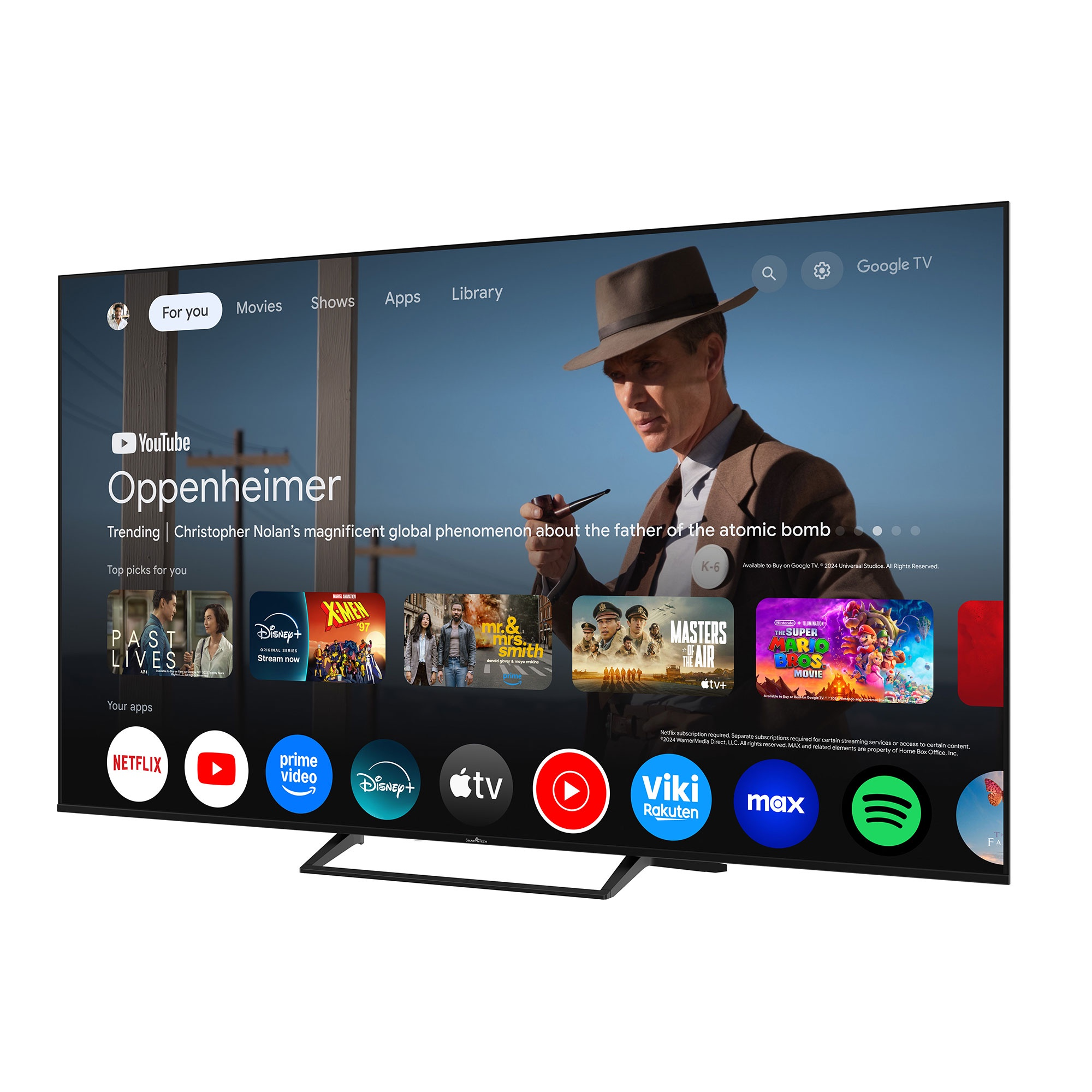 Un televisor moderno muestra la interfaz de Google TV con películas como Oppenheimer.