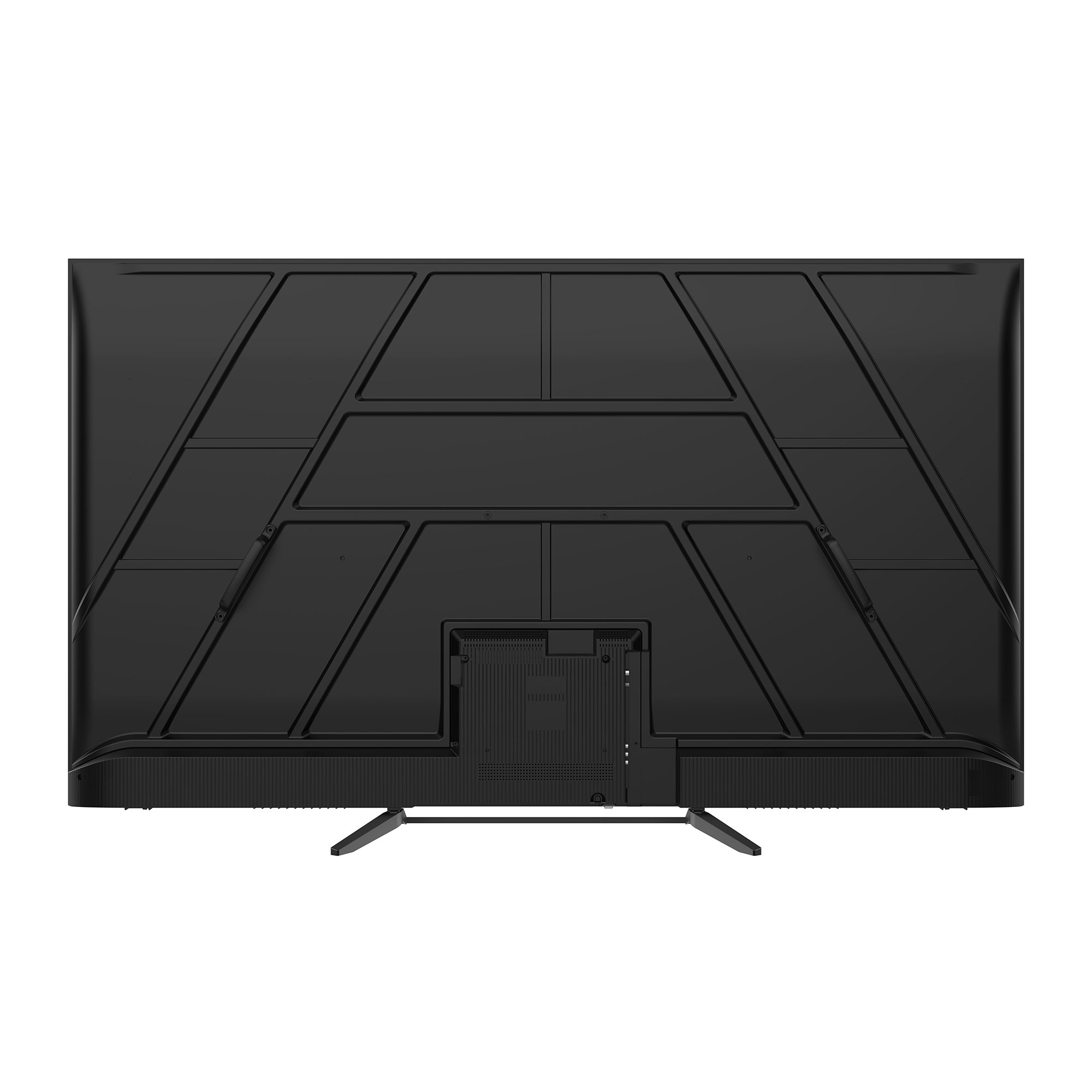 Vista trasera de un televisor negro con soporte y panel de conexión.