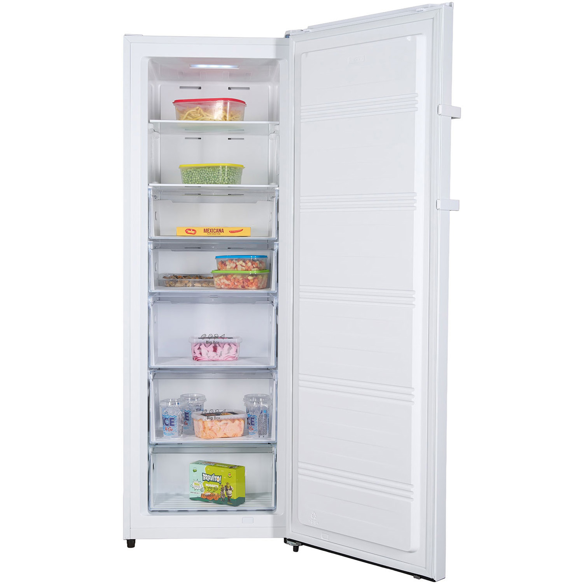 An open white freezer filled with food in drawers and containers.