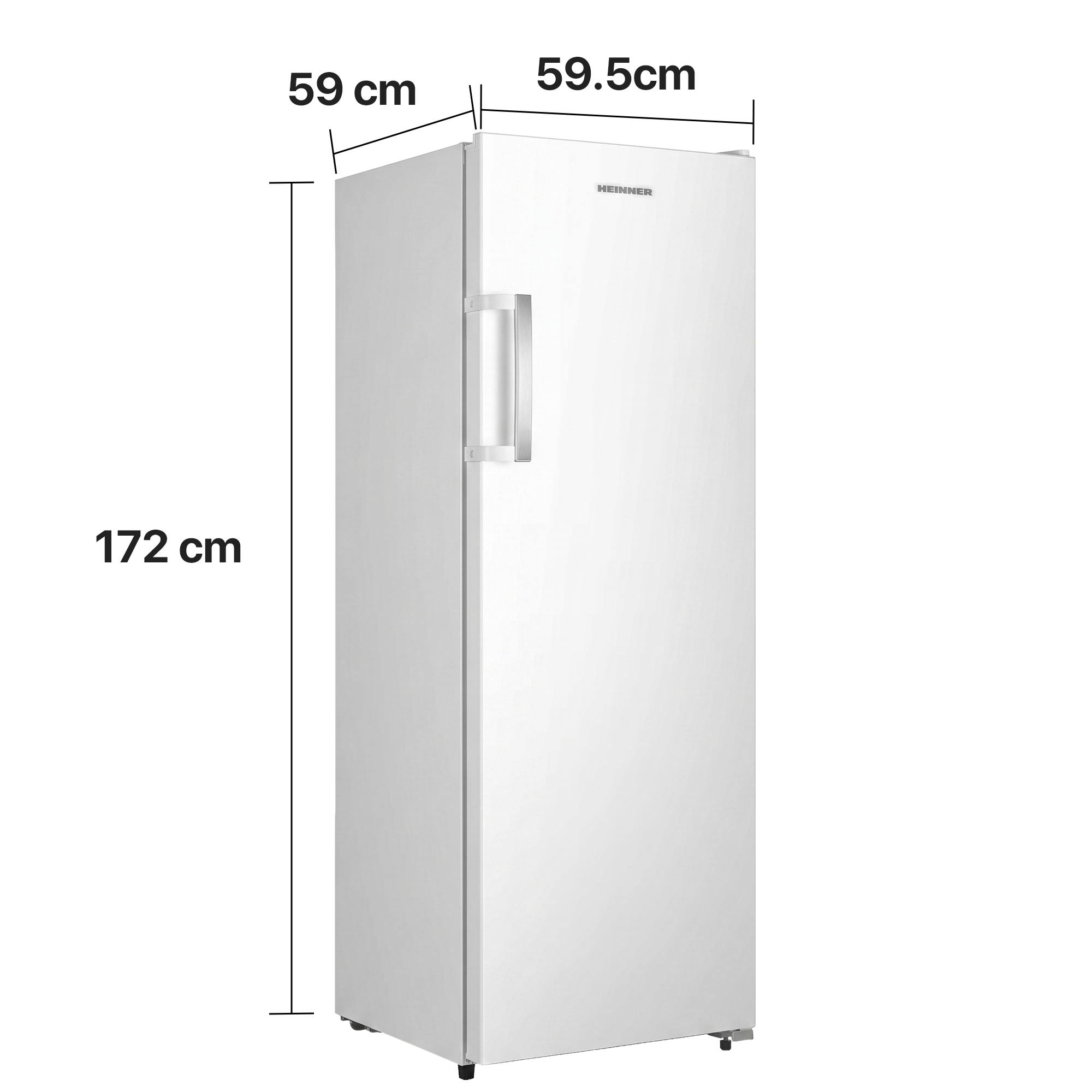 A white refrigerator with a silver handle, 172 cm tall.