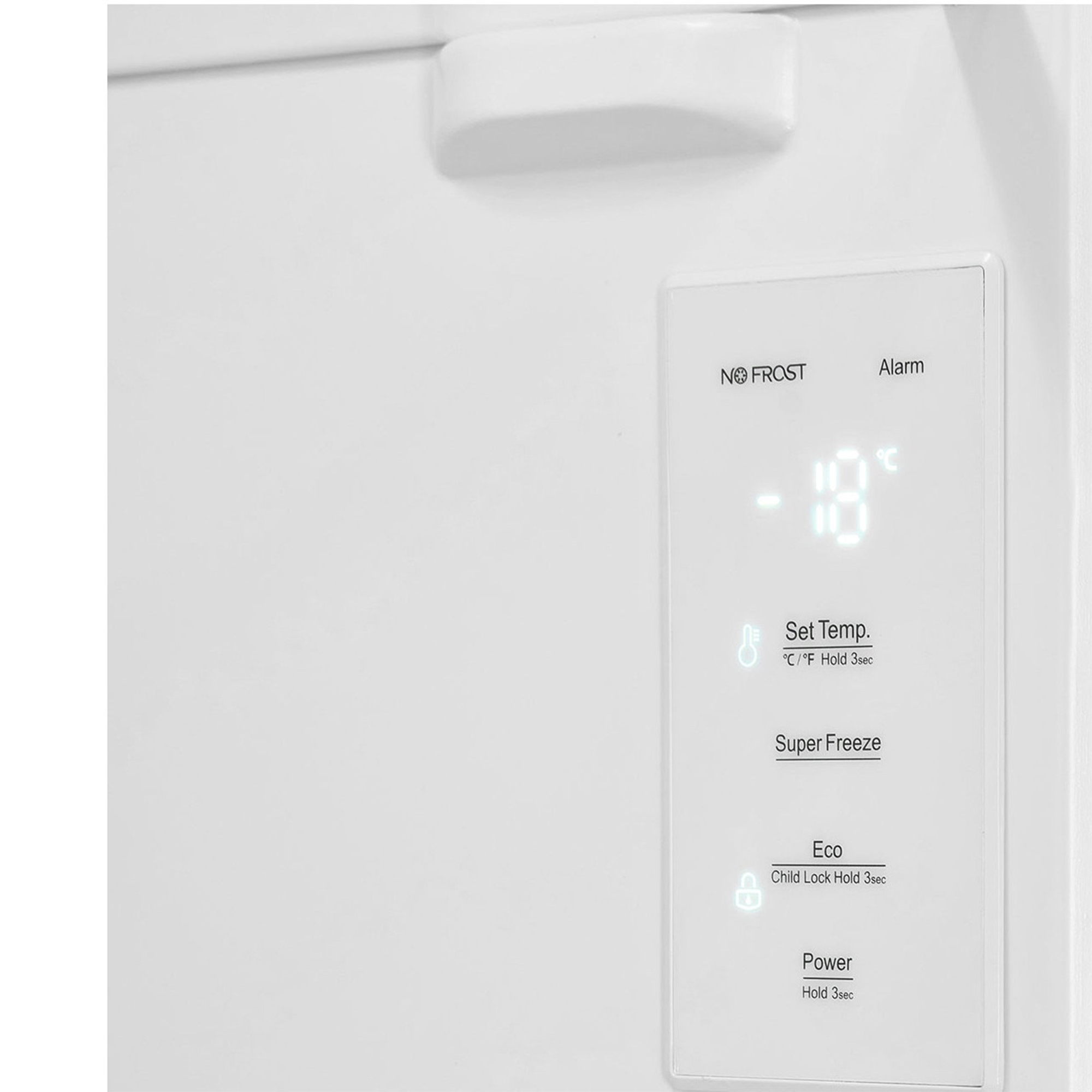 A white control panel shows -18°C, 'No Frost', Alarm, Set Temp, Super Freeze, Eco, Power.