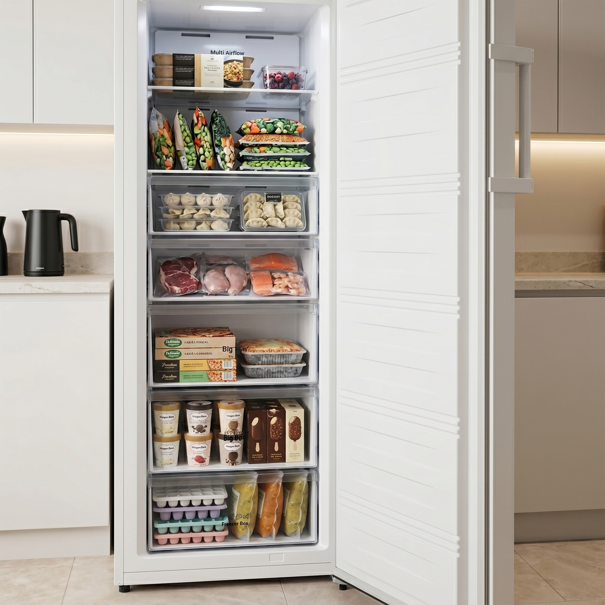 An open freezer filled with frozen vegetables, meat, fish, ice cream, and ice cube trays.