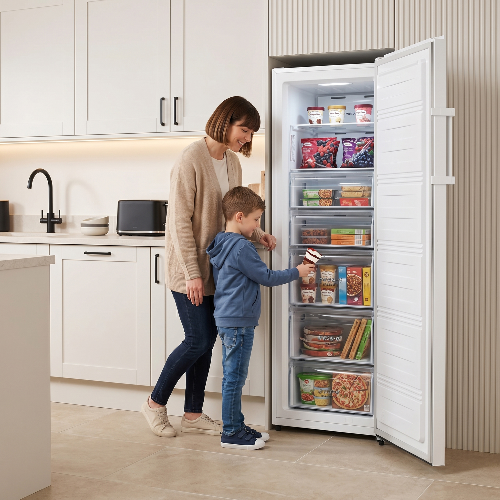 Woman and child stand before an open freezer filled with frozen foods.