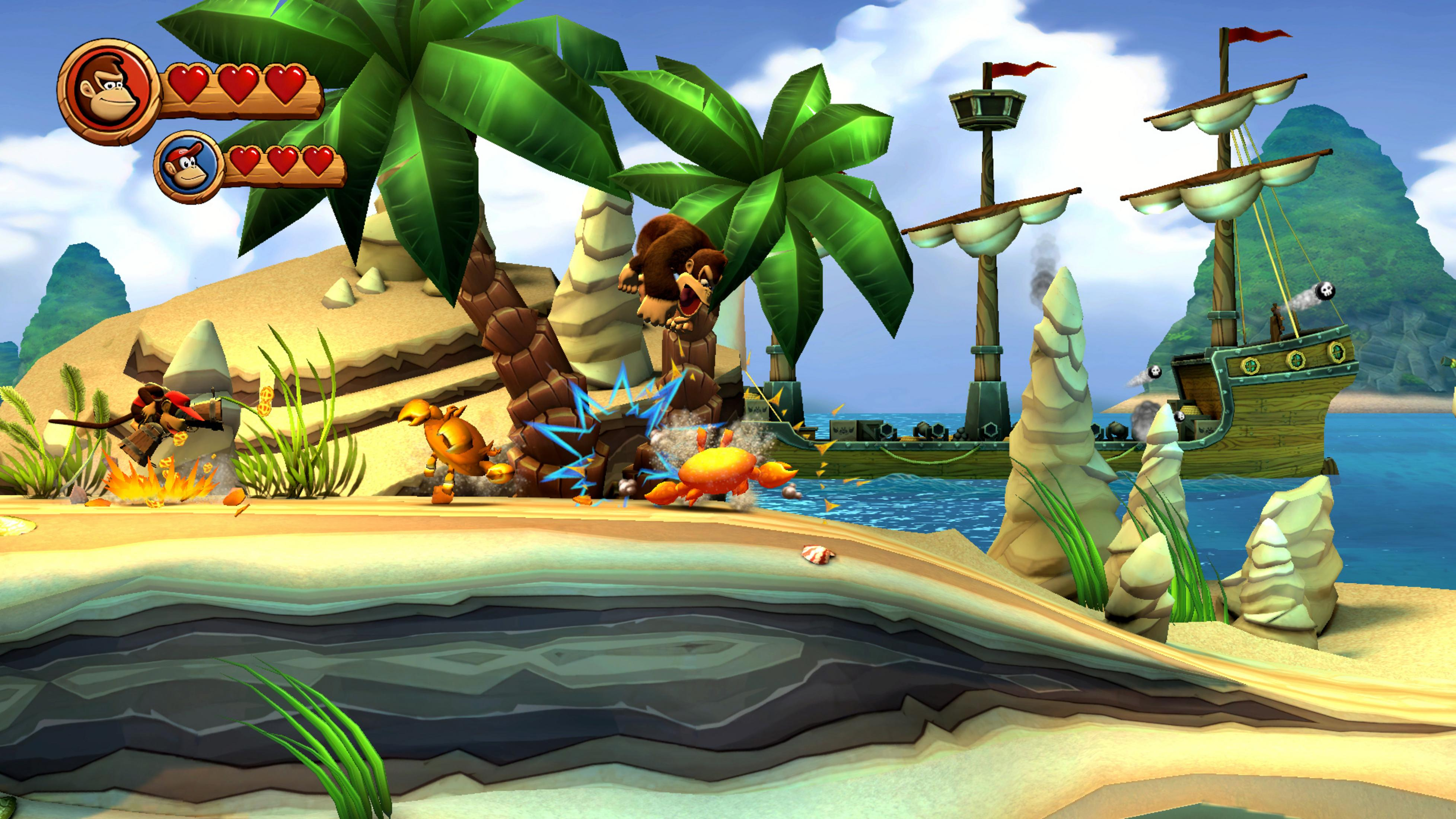 Scena del gioco Donkey Kong con granchi, palme, nave pirata e montagna.
