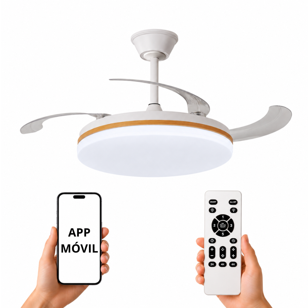 Se muestra un ventilador de techo moderno con luz, mando a distancia y smartphone.