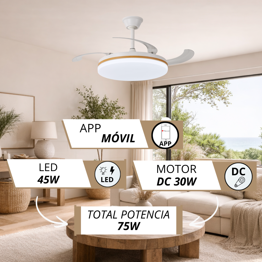 Ventilador de techo moderno con luz LED en una sala. Especificaciones: LED 45W, Motor DC 30W, Potencia Total 75W.