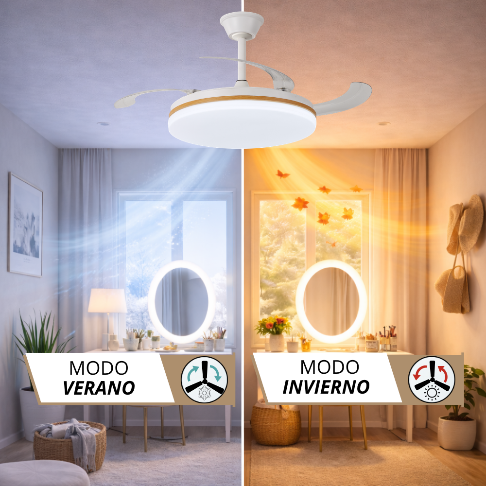 Ventilador de techo con luz en modo verano e invierno, mostrando flujo de aire y hojas.