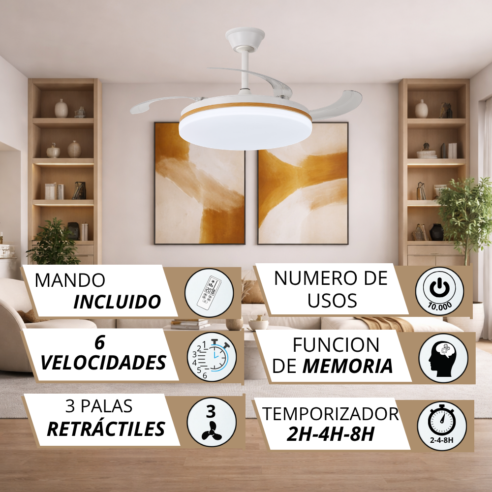 Ventilador de techo con luz, mando, 6 velocidades, 3 aspas retráctiles, memoria.