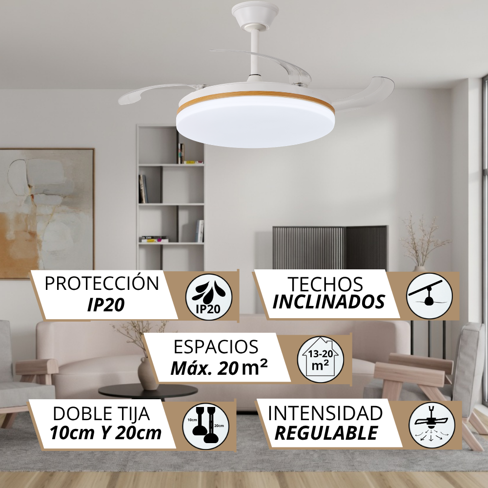 Ventilador de techo moderno con luz, IP20, techos inclinados, 20m², ajustable.