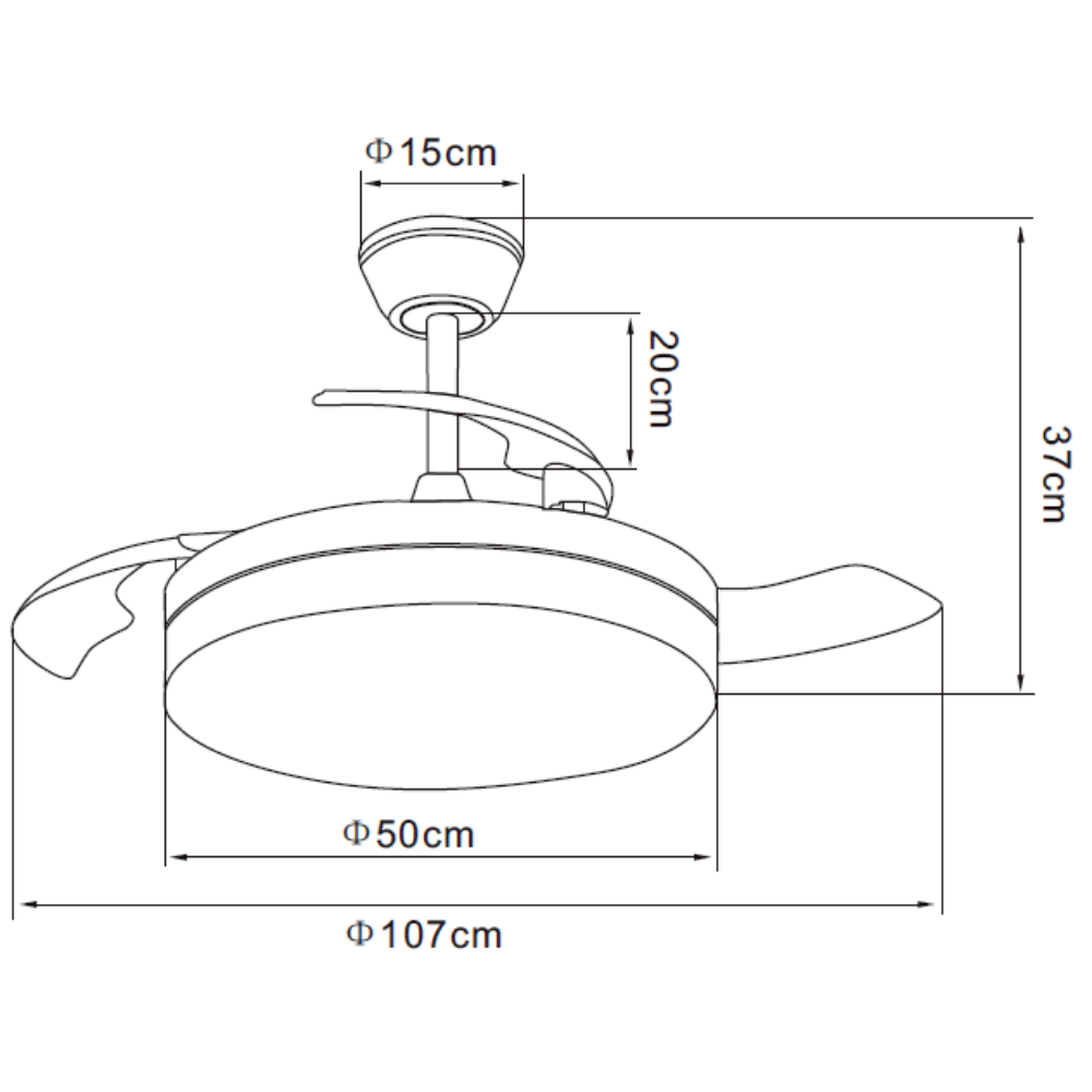 Dibujo técnico de un ventilador de techo con dimensiones de 15cm, 20cm, 37cm, 50cm y 107cm.