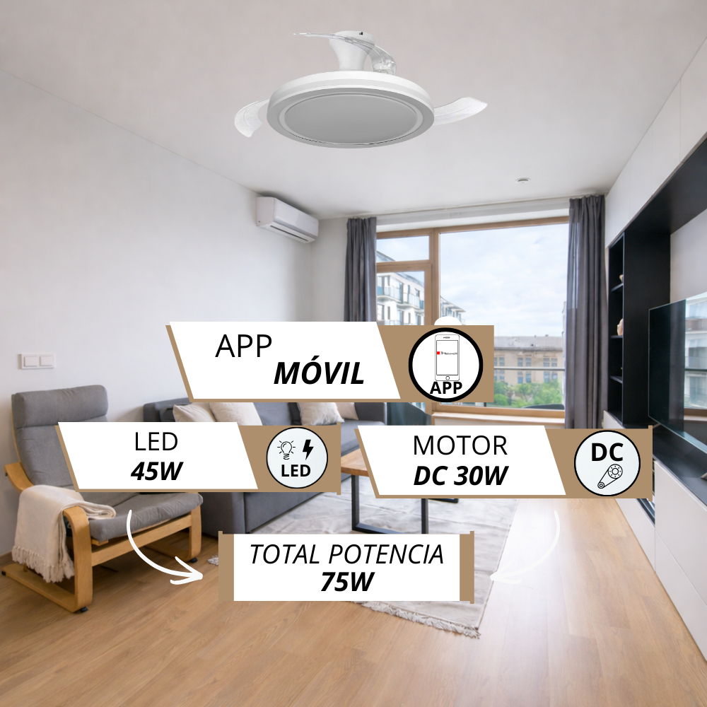 Ventilador de techo con luz LED y control por app. LED 45W, motor DC 30W.