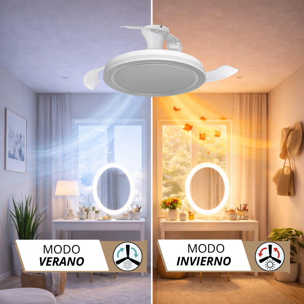 Un ventilador de techo con luz, mostrando modos de verano e invierno.