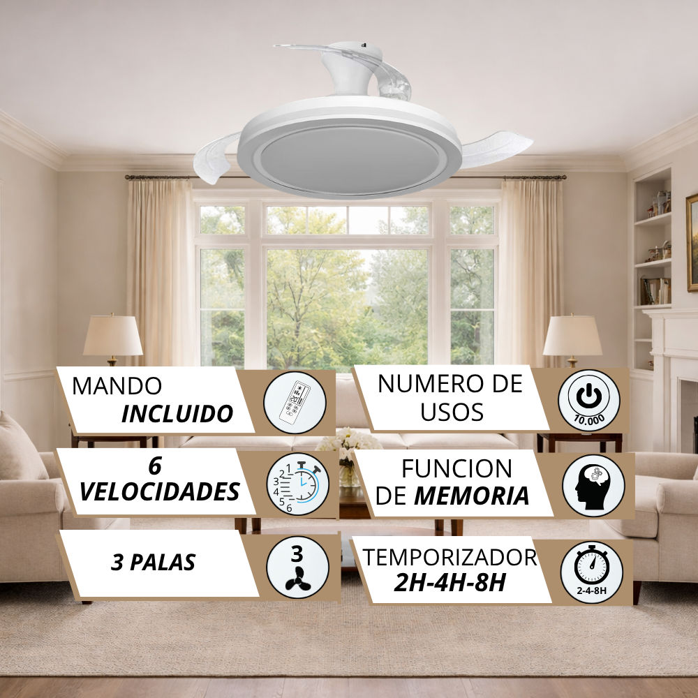 Un moderno ventilador de techo blanco con luz, instalado en una sala de estar con sofás.