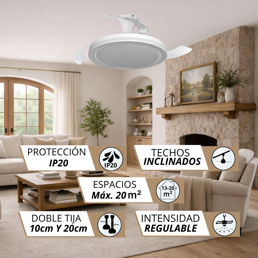 Ventilador de techo moderno con luz en sala con chimenea y sofá.