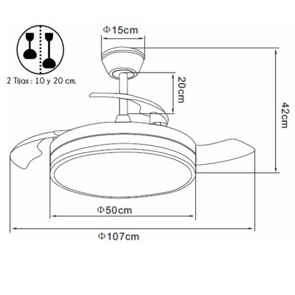 Dibujo técnico de un ventilador de techo con dimensiones de diámetro y altura.