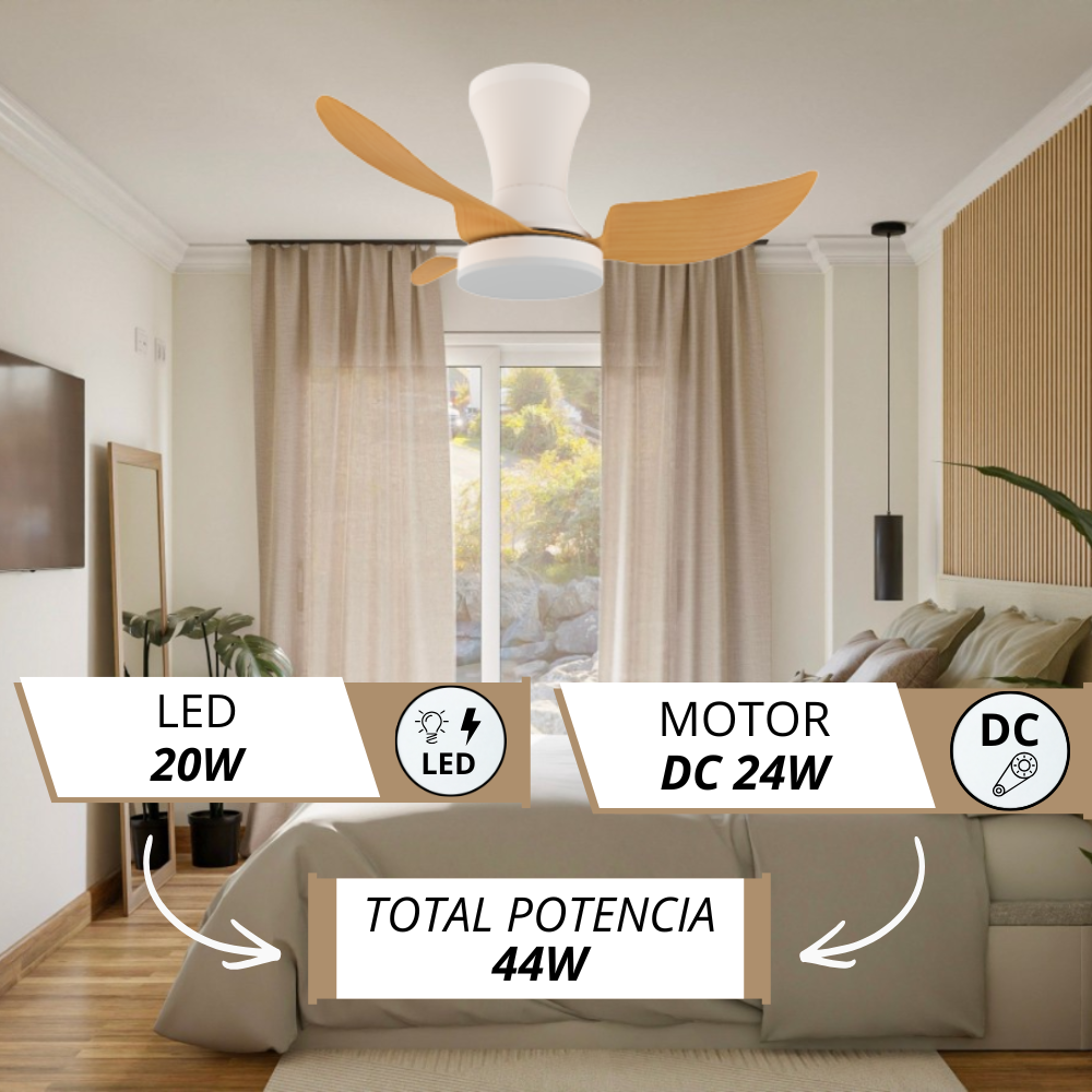 Ventilador de techo con aspas de madera, luz LED (20W) y motor DC (24W).