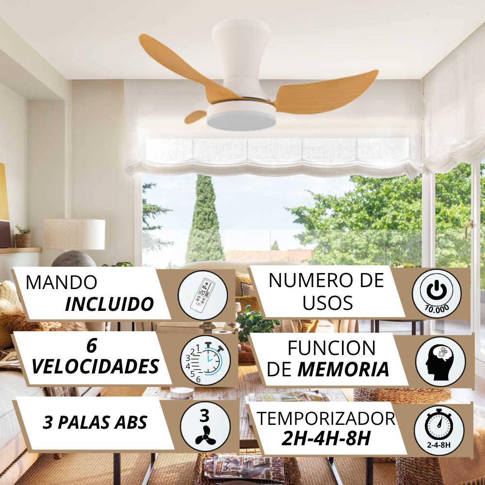 Ventilador de techo blanco con aspas de madera sobre un sofá. Info texto.