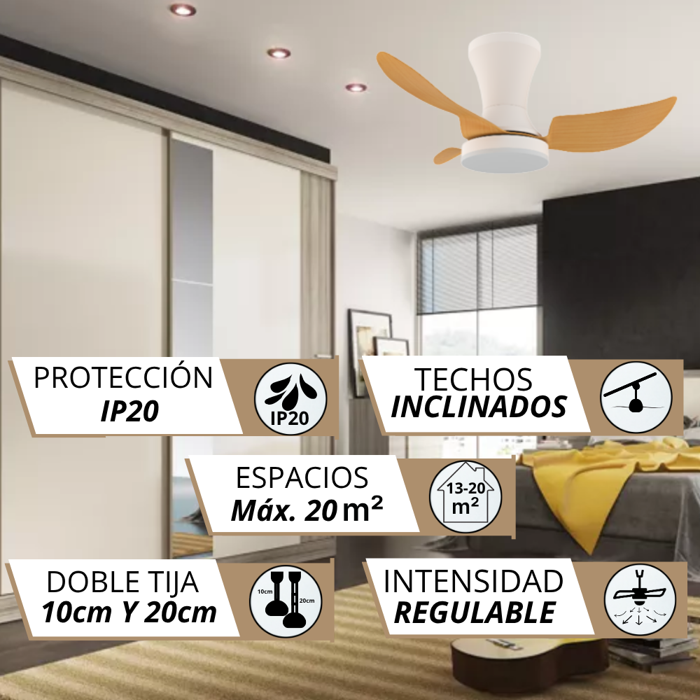 Ventilador de techo con aspas de madera, IP20, para estancias de 20m².