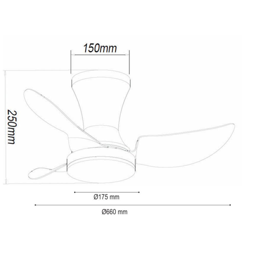 Dibujo técnico de un ventilador de techo con dimensiones.