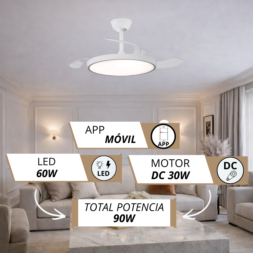 Un ventilador de techo blanco con luz LED sobre un sofá. Las especificaciones están en la imagen.