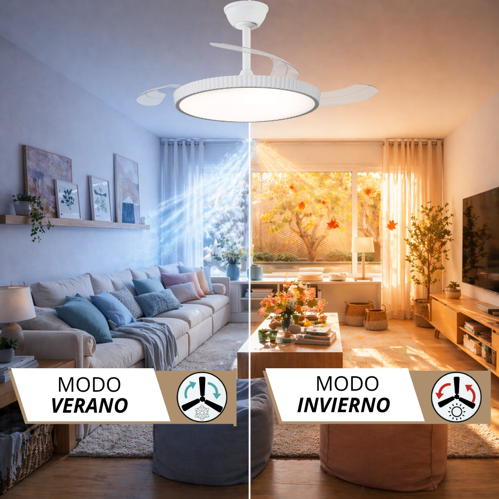 Ventilador de techo con luz en modos verano e invierno, sala con sofá y TV.