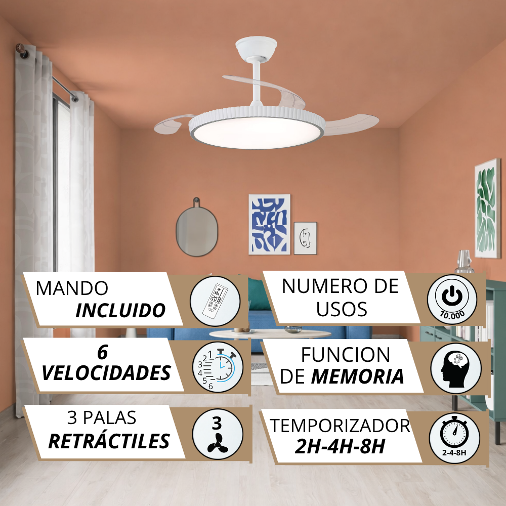 Ventilador de techo con luz, mando, 6 velocidades, 3 aspas retráctiles.