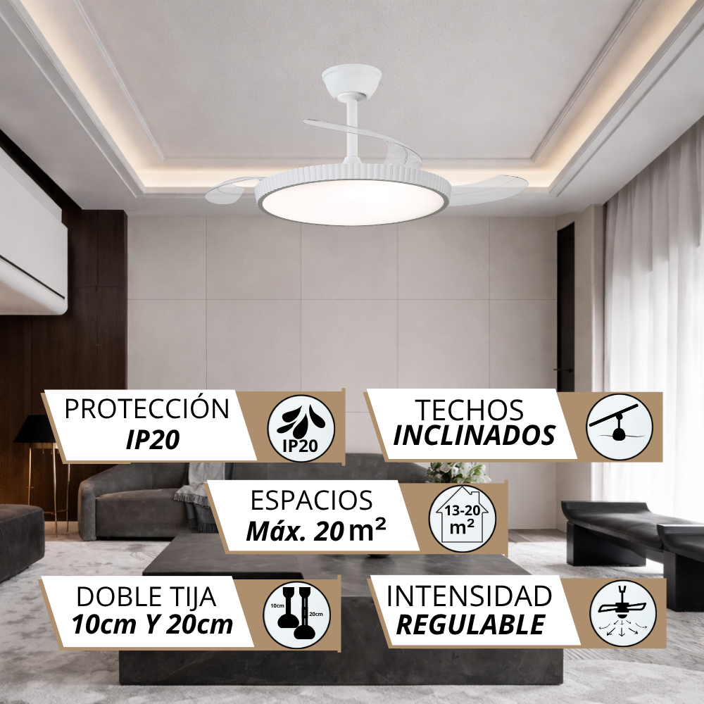 Ventilador de techo blanco moderno con luz en una sala de estar. Protección IP20.
