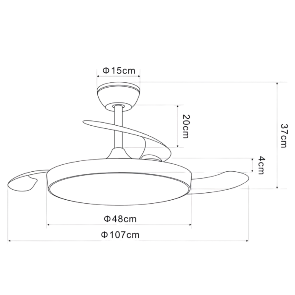 Dibujo lineal de ventilador de techo con dimensiones: dosel 15cm, caída 20cm, diámetro 48cm y 107cm.