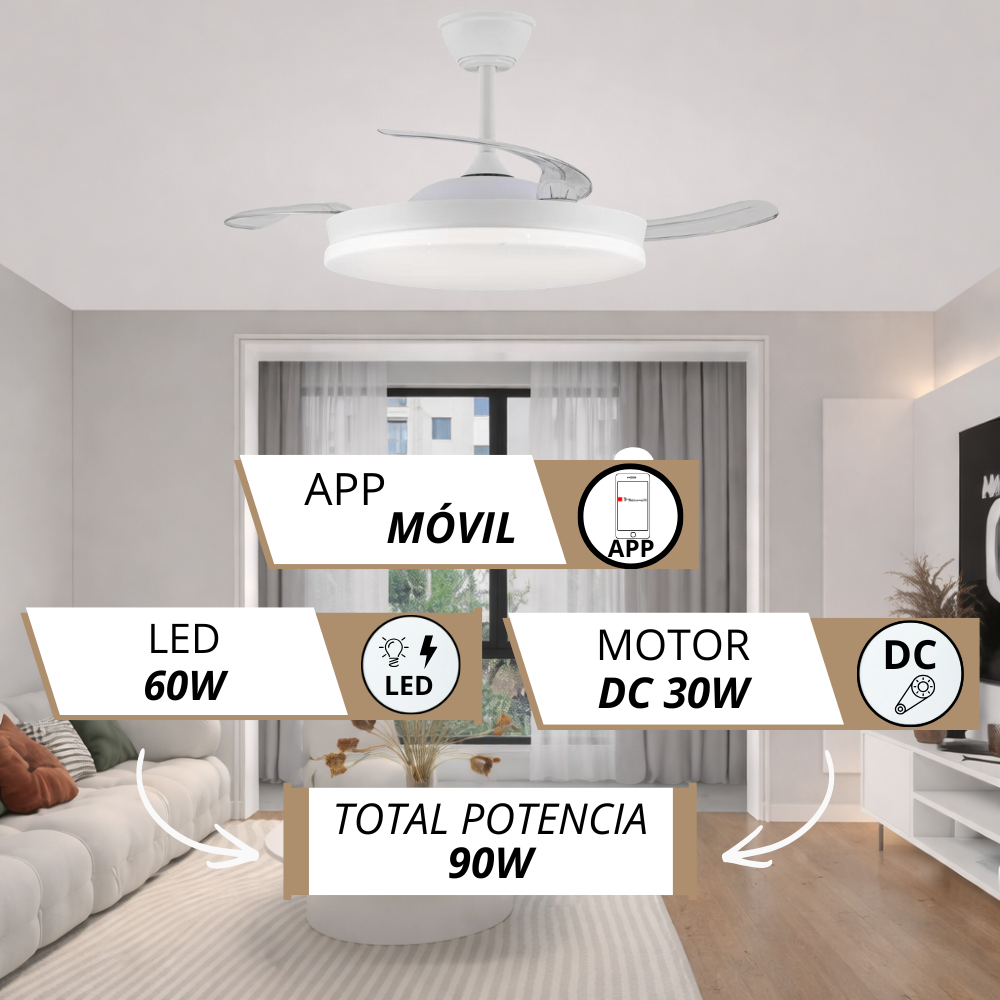 Ventilador de techo blanco con luz LED, control app. Motor DC 30W, LED 60W. Total 90W.