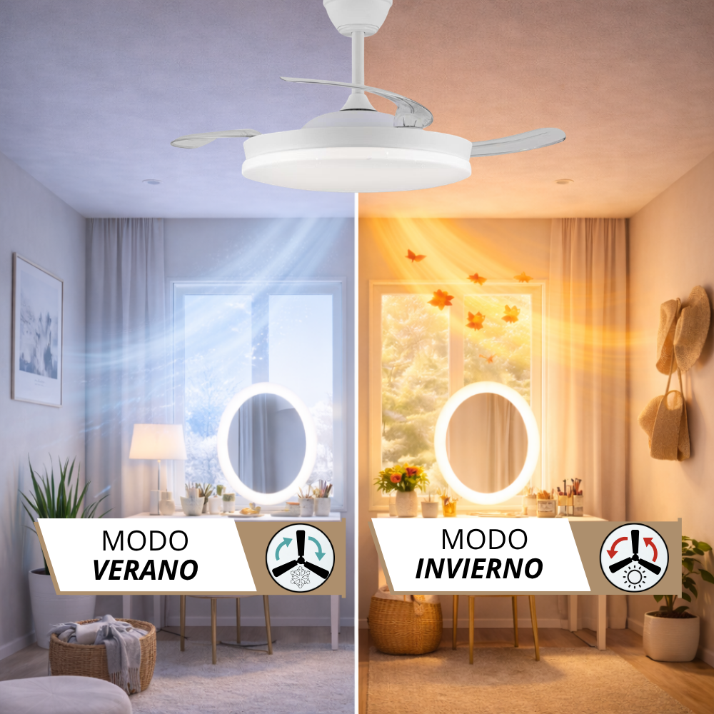 Ventilador de techo con luz, mostrando enfriamiento de verano a la izquierda y calefacción de invierno a la derecha.