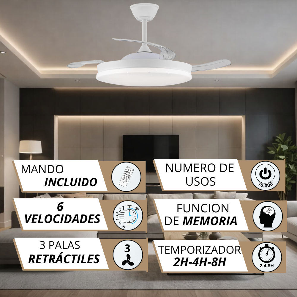 Moderno ventilador de techo blanco con aspas retráctiles y mando a distancia.