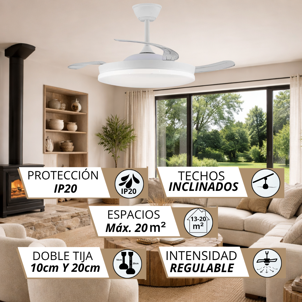 Ventilador de techo con luz en un salón moderno con chimenea y gran ventanal.