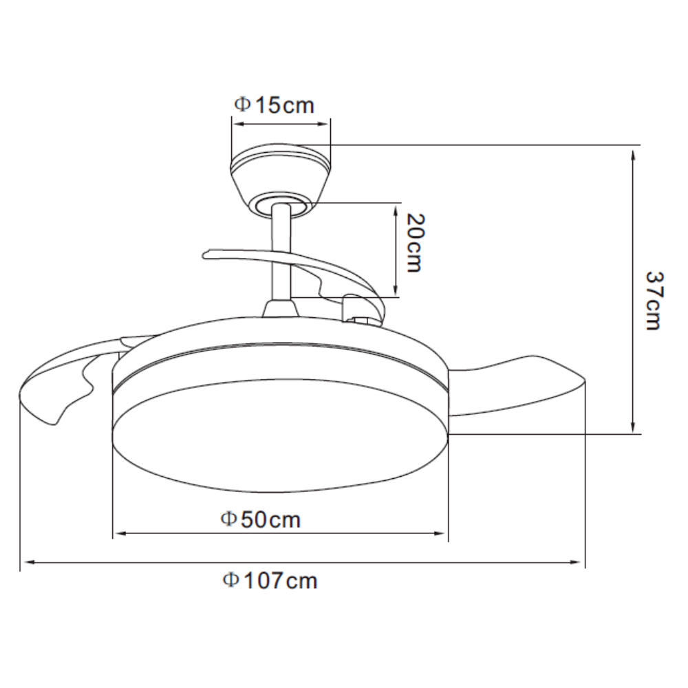 Dibujo técnico de un ventilador de techo con dimensiones.