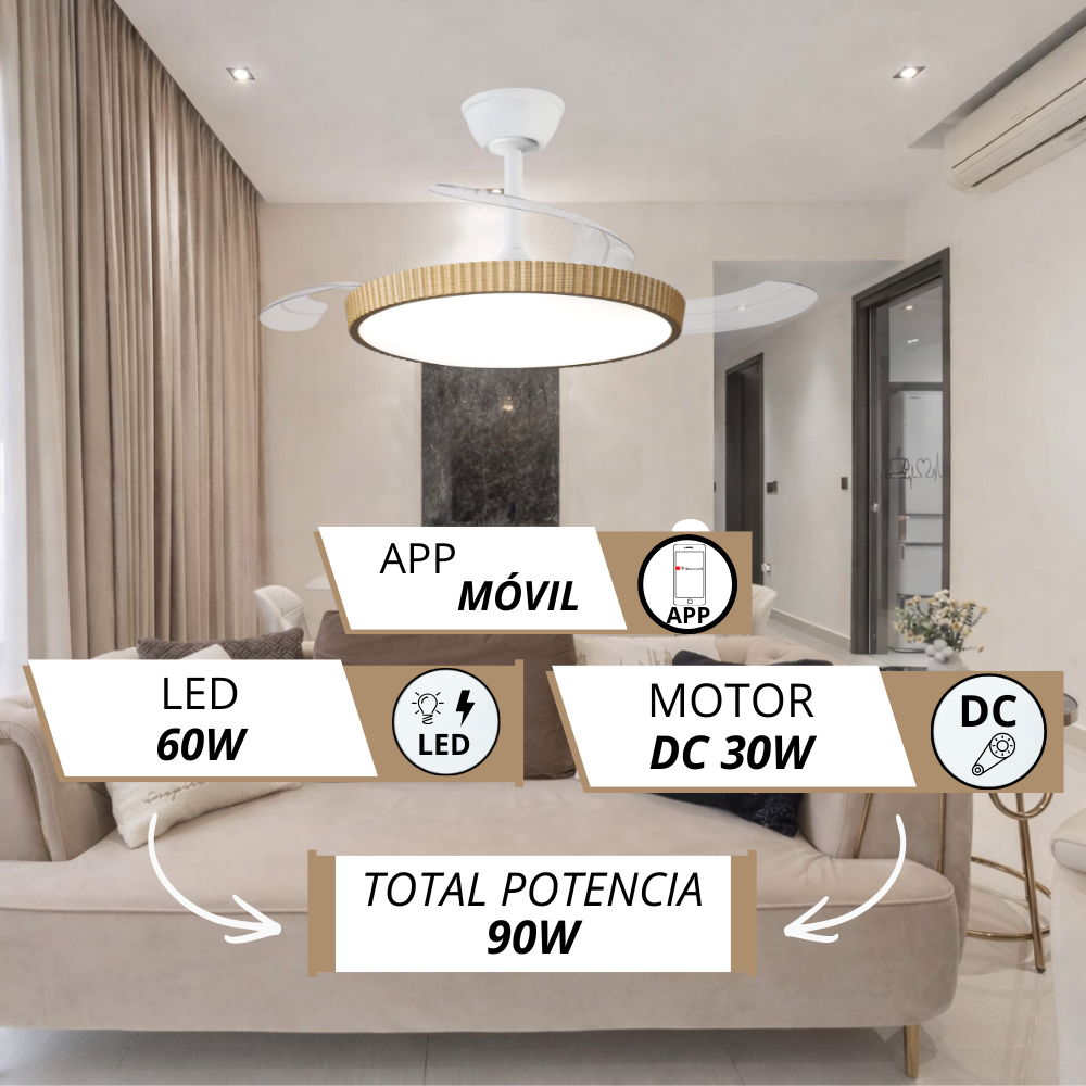 Ventilador de techo con luz LED y control por APP. LED 60W, motor DC 30W.