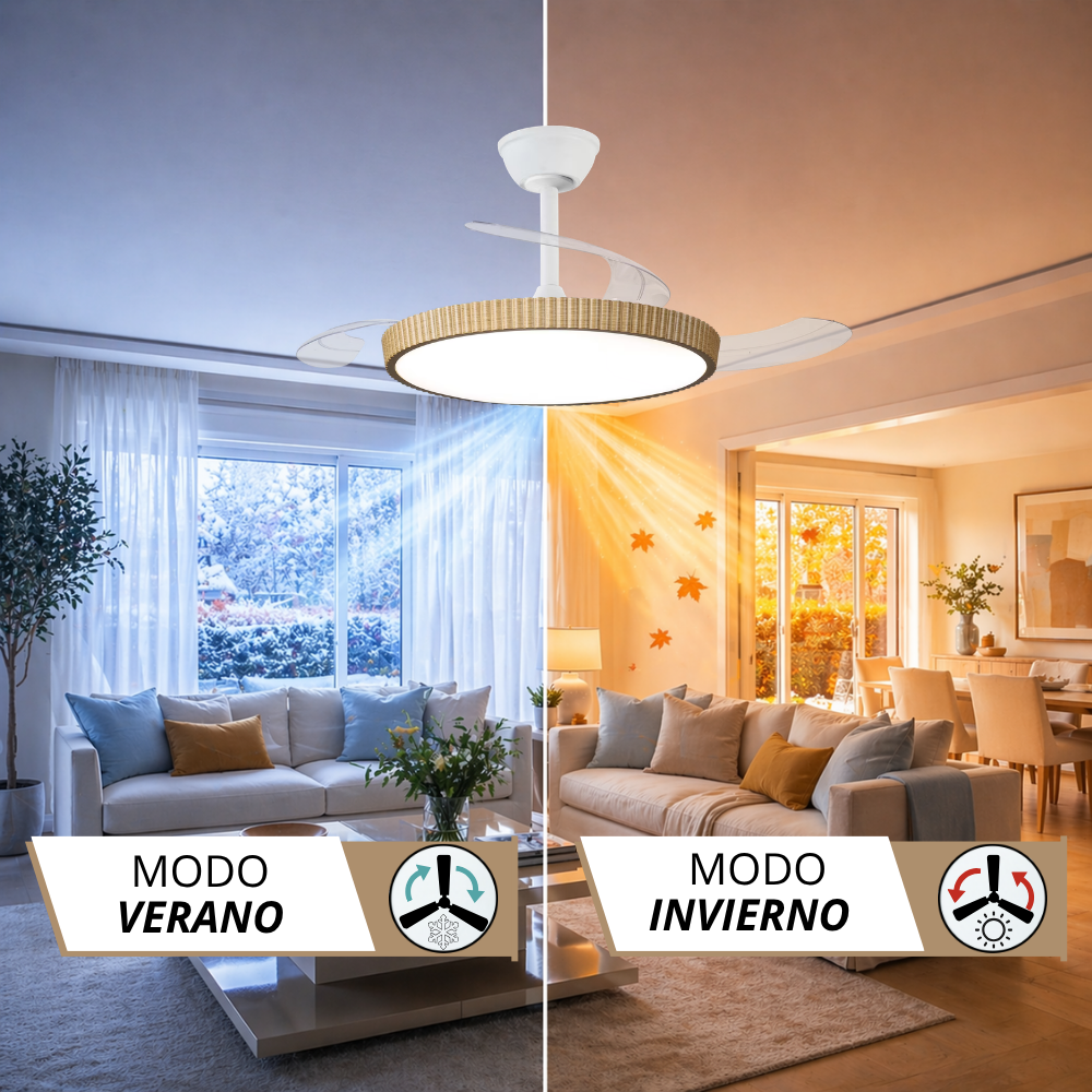 Ventilador de techo con luz en sala, modos verano e invierno.