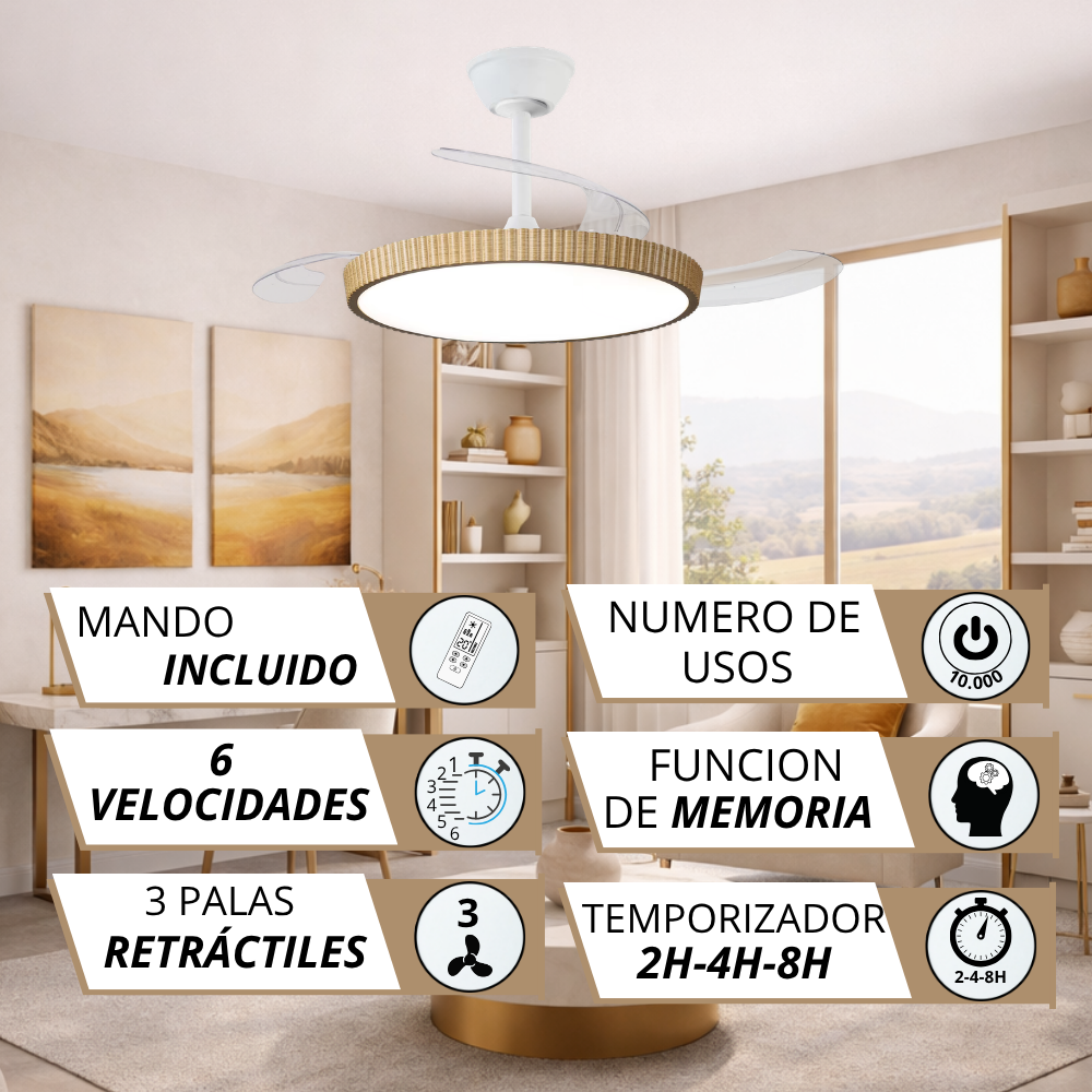Ventilador de techo con luz, mando, 6 velocidades, 3 aspas retráctiles.