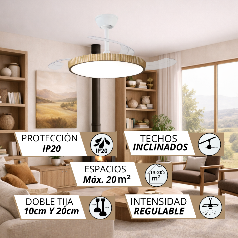 Moderno ventilador de techo con luz LED en sala, con especificaciones.
