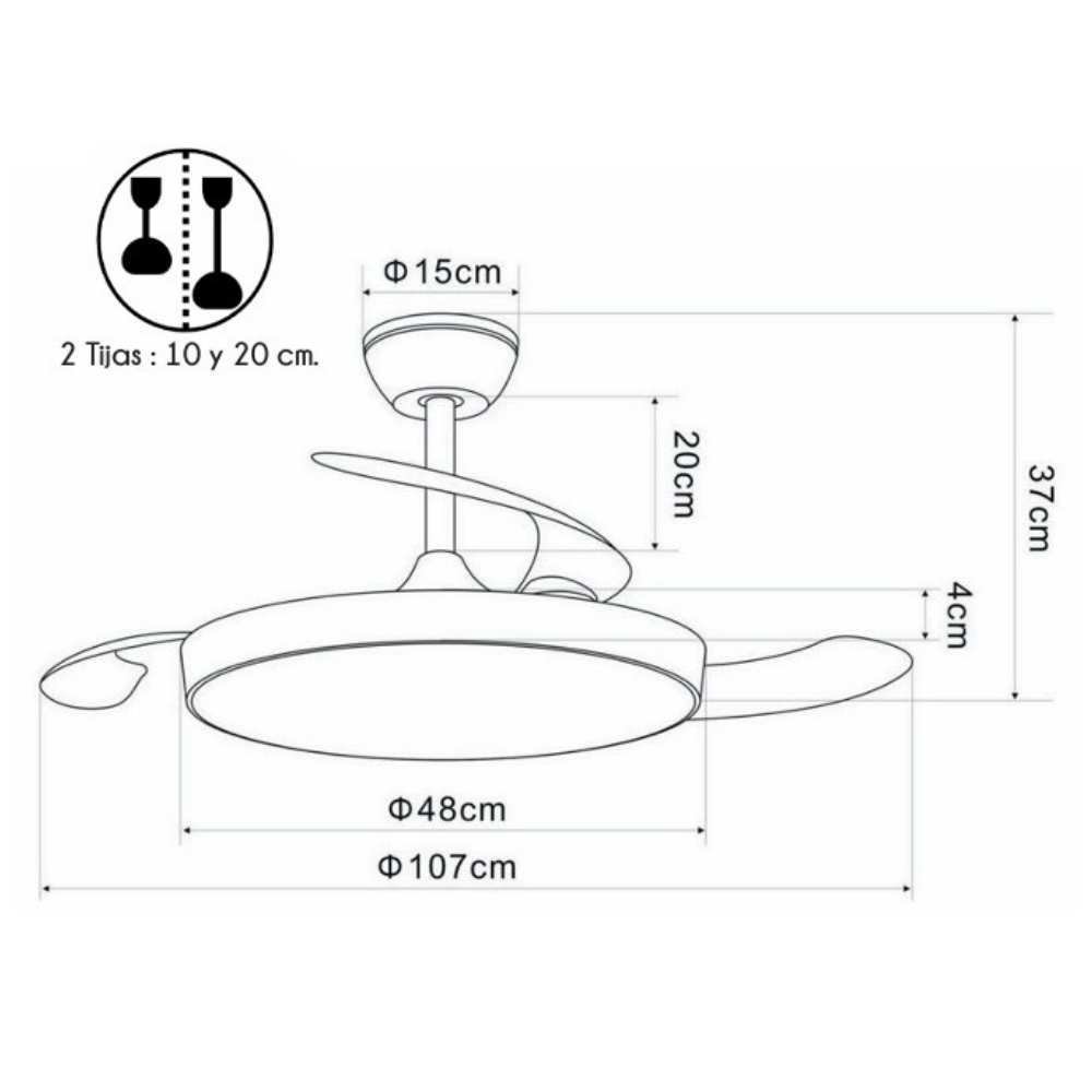 Dibujo técnico de un ventilador de techo con medidas. Ø 15cm, 20cm, 37cm, 4cm, Ø 48cm, Ø 107cm.
